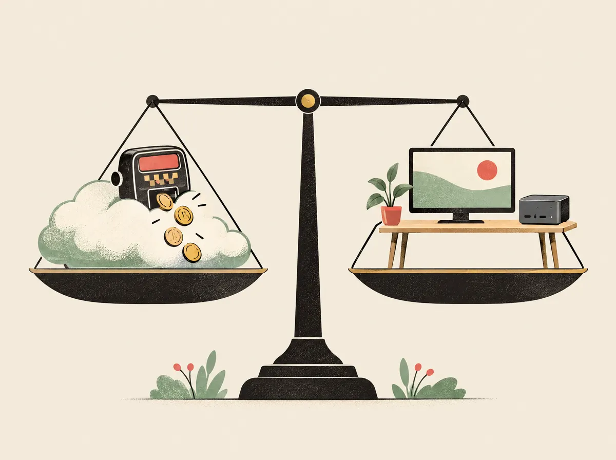 A balance scale weighing a cloud with a taxi meter against a desk with a small computer
