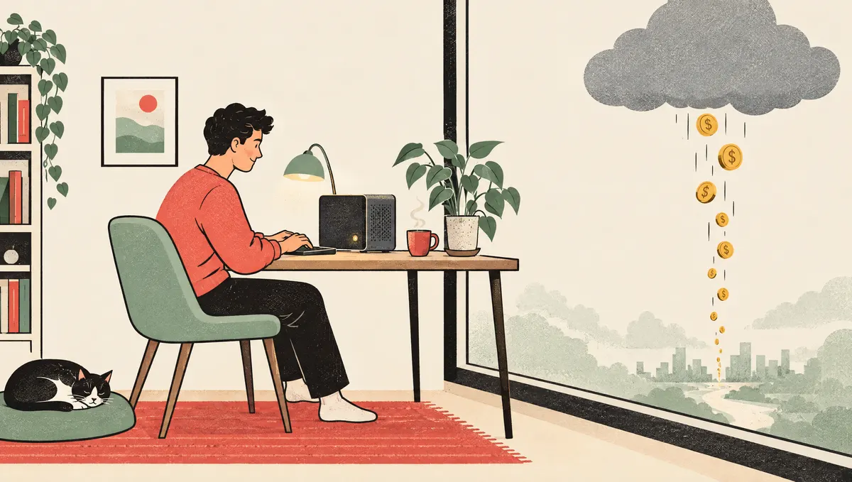 A developer at a cozy home desk with a small computer while coins drain from a grey cloud outside the window