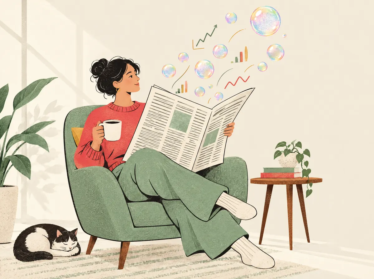 A person reading the morning paper as small bubbles and charts float up from the pages